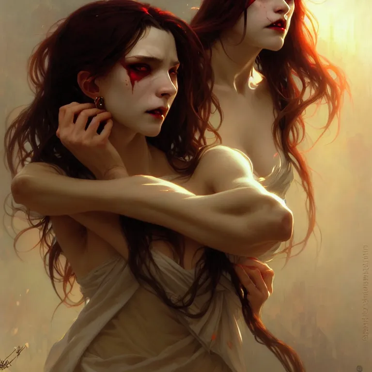 Image similar to vampire demon, painting, good against evil, highly detailed, digital painting, smooth, beautiful angle, weak demon, sharp focus, illusion, ultra - realistic, 8 k, strong and powerful confident angle artgerm, greg rutkowski and alphonse mucha