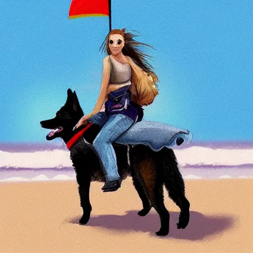 Image similar to girl riding a giant German shepherd at the beach, trending on artstation