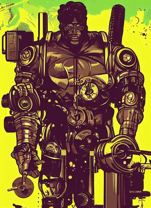 Prompt: buff cyberpunk weight lifter. robotic arm. portrait illustration, pop art, splash painting, art by ashley wood, alphonse mucha, laurie greasley and josan gonzales ( apex legends )