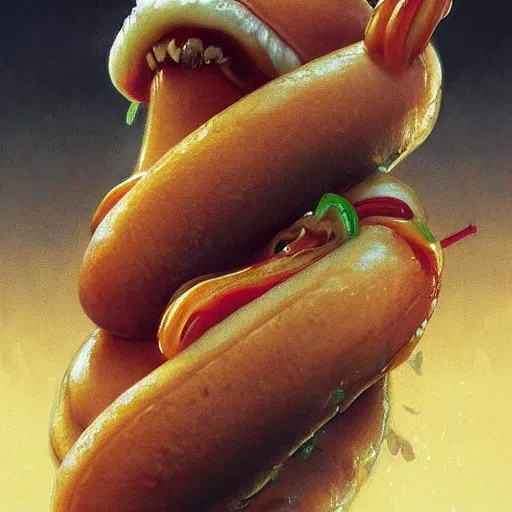 Prompt: hot dog with teeth sprouting out of bun, mustard dripping from teeth, side of ketchup, fantasy, intricate, elegant, highly detailed, digital painting, artstation, concept art, matte, sharp focus, illustration, art by artgerm and greg rutkowski and alphonse mucha