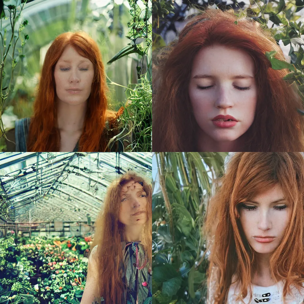 Prompt: An analog head and shoulder frontal face portrait photography of a redhead woman in a greenhouse full of plants by Annie Leibovitz. Long hair. eyes closed. Agfa Vista 800 film. Sunshine. detailed. hq. realistic. Rembrandt light style. warm light. muted colors. lens flare. photoreal. Bloom and glare. Leica M9.