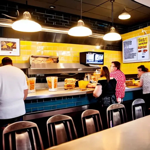 Image similar to busy wafflehouse interior with customers eating breakfast and wafflehouse employees serving food and cooking behind countertop bar that has food on