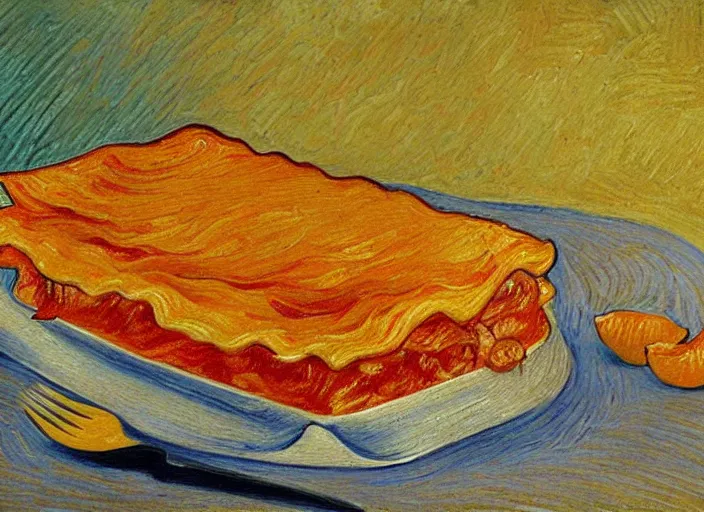 Prompt: detailed realistic realism painting of orange tabby cat eating lasagna at dusk, in the style of vincent van gogh and salvador dali and leonardo da vinci