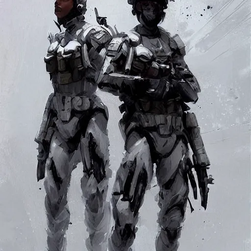 Image similar to concept art by greg rutkowski, soldiers wearing futuristic white and black tactical gear, preparing for combat, brutalist futuristic interior, dim lighting, detailed portraits, nostalgic atmosphere, scifi, digital painting, artstation, concept art, smooth, sharp foccus ilustration, artstation hq