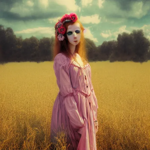 Prompt: 8 k, octane render, realism, tonalism, rococo, baroque, cotton candy, portrait of a creepy young lady wearing long 1 9 7 0 s bohemian babydoll dress standing in a field of grass, flowers