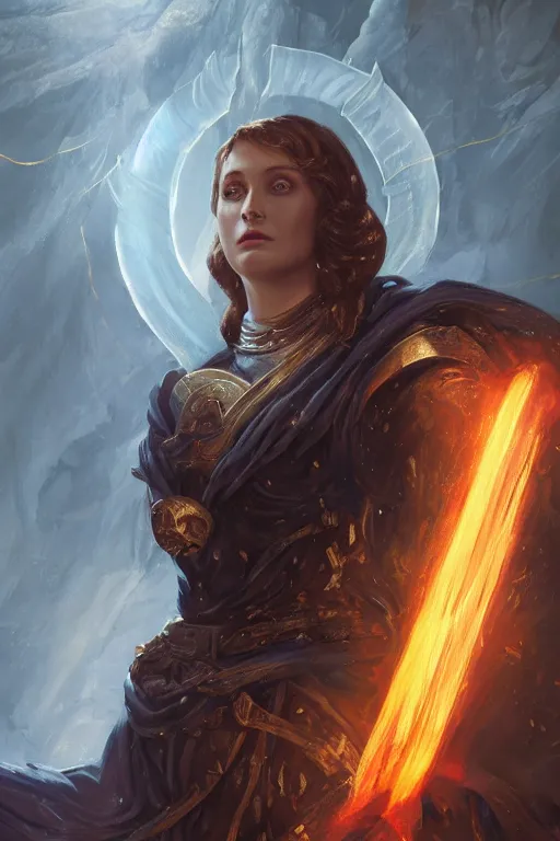 Prompt: fantasy character concept portrait, digital painting, wallpaper of joan of arc, with skin of obsidian, with veins of magma and gold, renaissance nimbus overhead, by aleksi briclot, by laura zalenga, by alexander holllow fedosav, 8 k dop dof hdr, vibrant