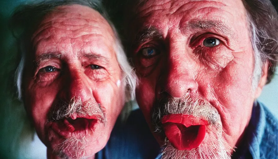 Image similar to 7 0 s movie still of an old man. his mouth is full of worms. his eyes are keen. cinestill 8 0 0 t 3 5 mm technicolor, heavy grain, high quality, high detail