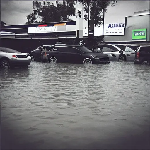 Prompt: “ gray aliens in a flooded 7 eleven parking lot, hyperdetailed ”