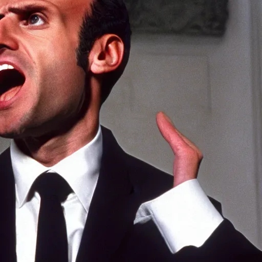 Image similar to Emmanuel Macron shouting in American Psycho (1999)