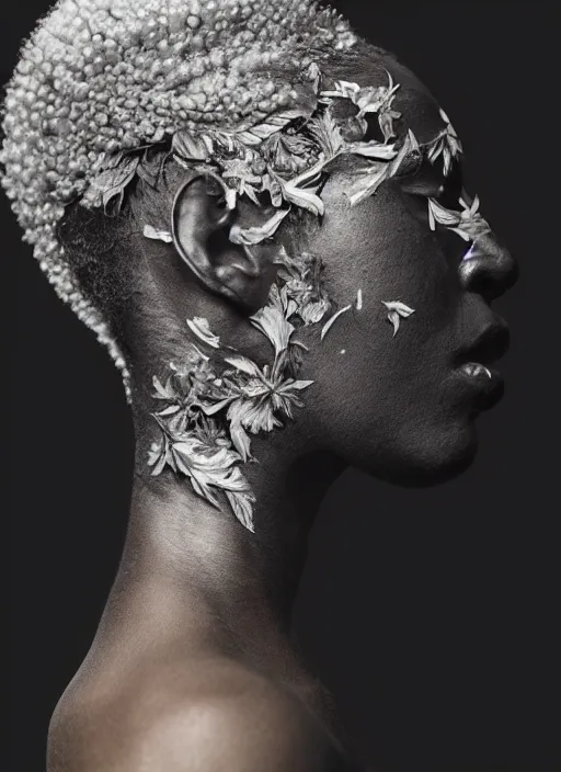 Image similar to a beautiful black woman's face in profile made of leaf and floral skeleton, in the style of the dutch masters and gregory crewdson, white hair, dark and moody aesthetic, 8 k, matte, intricate detail, hyper detailed, surrealism, fantasy, elegant,