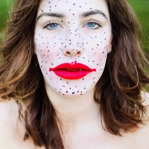 Image similar to close up portrait photo of the left side of the face of a brunette woman with stars inside her eyes, red lipstick and freckles. she looks directly at the camera. Slightly open mouth, face covers half of the frame, with a park visible in the background. 135mm nikon. Intricate. Very detailed 8k. Sharp. Cinematic post-processing. Award winning photography