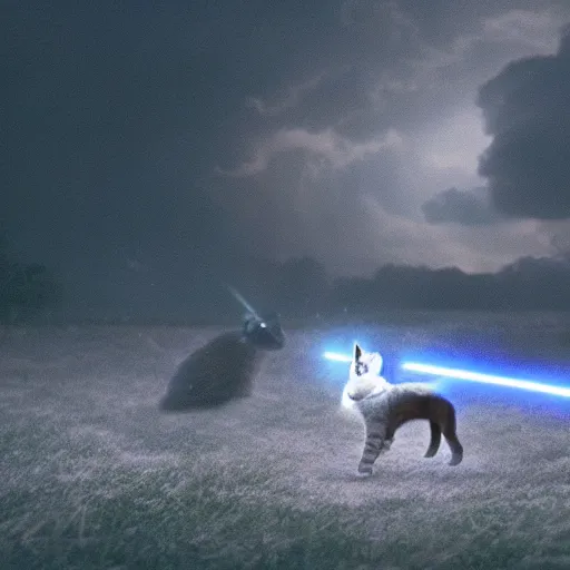 Prompt: film still of jedi cats lightsaber fighting in a texas thunderstorm, 4 k