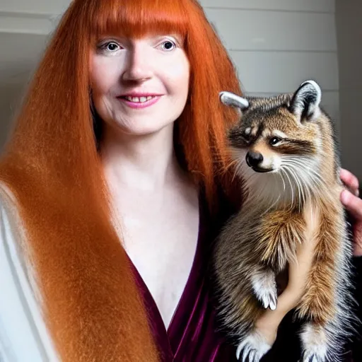 Image similar to a stunning hyper-detailed closeup portrait photo of a slender beautiful smiling woman with long ginger hair and bangs, wearing a luxurious silk robe, wearing headphones and posing with her large ginger tabby cat and her raccoon and parrots in an overstuffed easy chair in her sunlit victorian living room, holding a porcelain parrot-shaped coffee mug and a donut, perfect eyes, fashion photography, octane render, unreal engine, 85 mm lens,