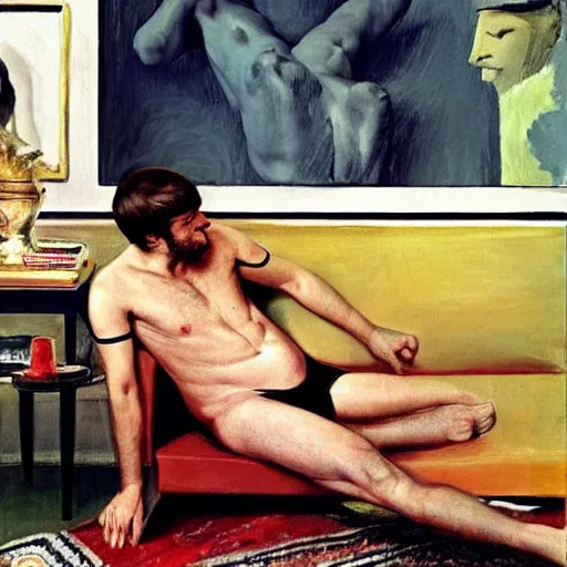 Image similar to emmanuel macron posing on a sofa, 1 9 7 0 living room decor, body hair, oil on canvas, by david hockney, bouguereau, lucien freud, francis bacon, peter doig