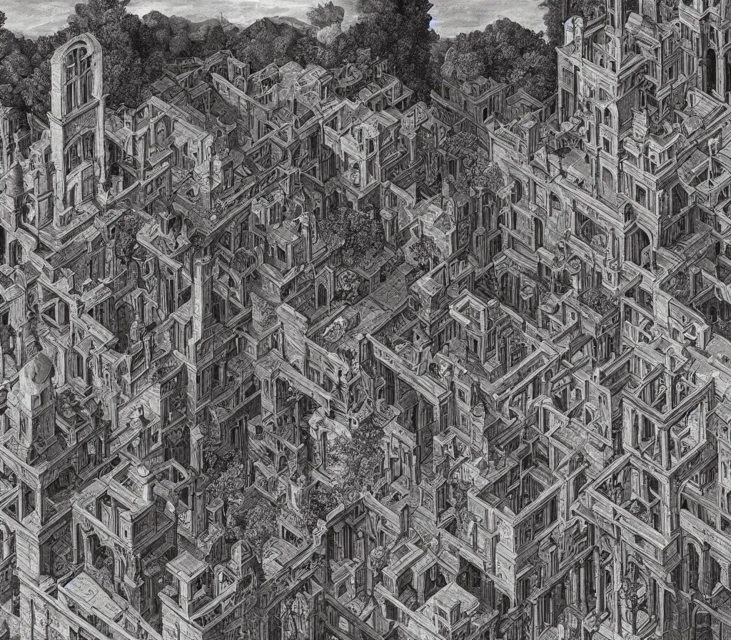 Image similar to Red Citadel, Fey ruins, in the style of M.C. Escher, inspired by Caravaggio,