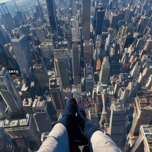 Prompt: marvel spider - man standing on top of the empire state building