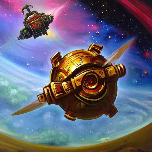 Image similar to painting of ornate space ship orbiting a gas planet, 4 0 k warhammer, shrimp, prawn