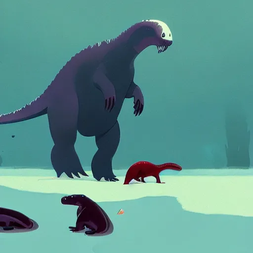 Image similar to a tyrannosaurus eating a baby harp seal, in a tropical alien world, atey ghailan, goro fujita, studio ghibli, scary lighting, clear focus, very coherent