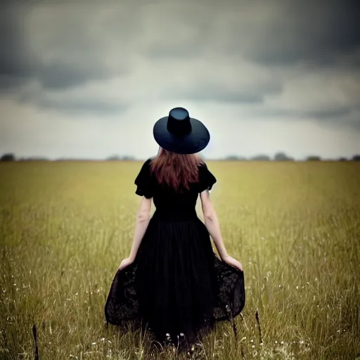 Prompt: a girl standing in a field, wearing black old dress and hat, detailed hands, by andrea kowch, andrea kowch, dark, dark, scene, magicrealism, flowers in background,