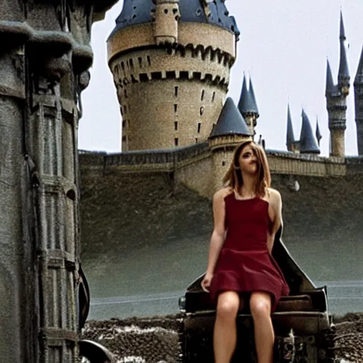 Prompt: Photo of Emma Watson on top of a tank in Hogwarts, establishing shot