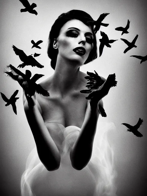 Image similar to portrait of iconic beautiful woman in sophisticated black dress keeping in hands white birds that flying apart turning to smoke and fire and dust. chaotic maximalistic surreal composition, 35mm double-exposure photo, thick fog, daylight, deep shadows, depth of field, cinematic lightning, wide angel, eerie atmosphere, motion blur, HD, smooth and very detailed quality, masterpiece, volumetric lightning, chromatic aberration, Richard Avedon, style of Ade Santora, Tatiana Gorilovsky, cinematic composition, occult, german expressionism, masterpiece, intricate detailed, deep rich palette, wide angel shot