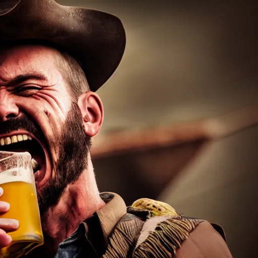 Prompt: epic portrait cinematic shot cowboy laughing and enjoy his drink of beer with friends, photography, realistic, detailed,