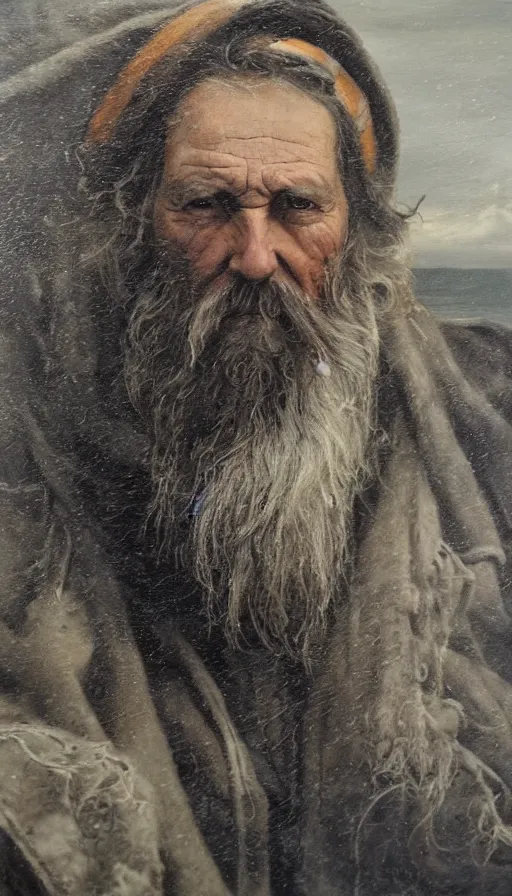 Image similar to Striking portrait of an old weathered sea captain during a storm, oil on canvas, by Richard Foster, by David Cobley, by Anastasia Pollard, highly detailed, dramatic lighting