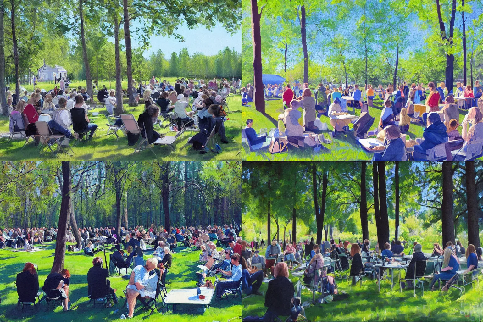 Prompt: finnish digital art society meeting in a park in a sunny weather, painting by Tuomas Korpi,