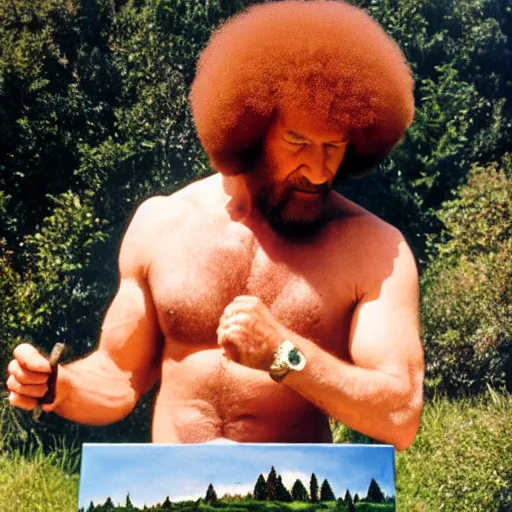 Prompt: photograph of a buff Bob Ross painting a canvas of a landscape