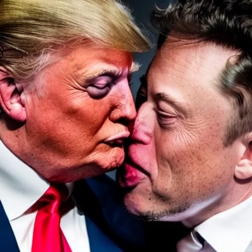 Prompt: close up of Donald Trump kissing Elon musk, 8k photo, in a studio,