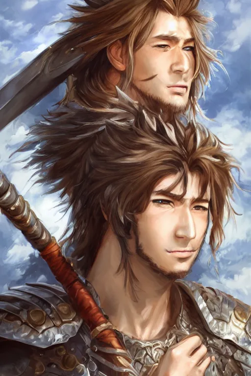 Image similar to A realistic anime portrait of a young handsome male barbarian with long wild hair, intricate fantasy spear, plated armor, D&D, dungeons and dragons, tabletop role playing game, rpg, jrpg, digital painting, by Stanley Artgerm Lau, Sakimichan, WLOP and Rossdraws, digtial painting, trending on ArtStation, SFW version