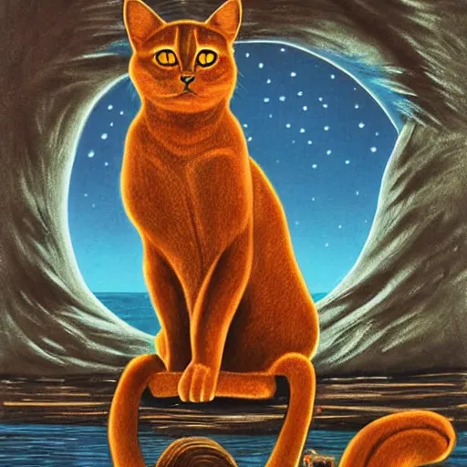 Image similar to sci - fi art of a brown cat by the sea