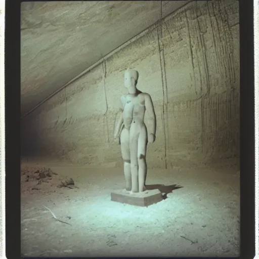 Image similar to a very large statue inside of a underground quarry, megalophobia, expired film, old polaroid,