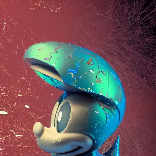 Image similar to mickey mouse head, fractal, broken, 1975, wet, mycelium, radiant alien, rococo, baroque, automotive, bio-mechanical, porcelain, iridescent, sub surface scattering, octane render