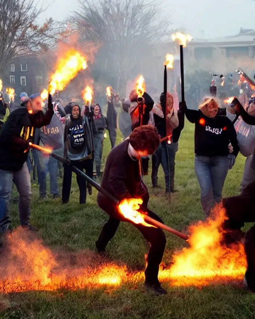 Prompt: a photo of an angry crowd of people with torches and rakes trying to destroy the Twitter Logo,