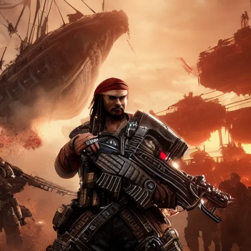 Image similar to captain jack sparrow in gears of war, gears of war, gears of war, splash art, movie still, cinematic lighting, dramatic, octane render, detailed face, long lens, shallow depth of field, bokeh, anamorphic lens flare, 8 k, hyper detailed, 3 5 mm film grain