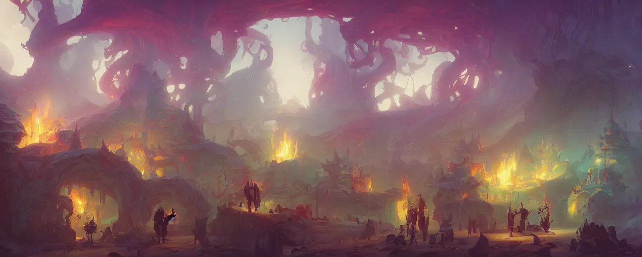 Image similar to candyland, epic, hiroshi yoshida, blake rottinge, marc simonetti, gouache, fire lit, magical atmosphere, trending in artstation by peter mohrbacher,