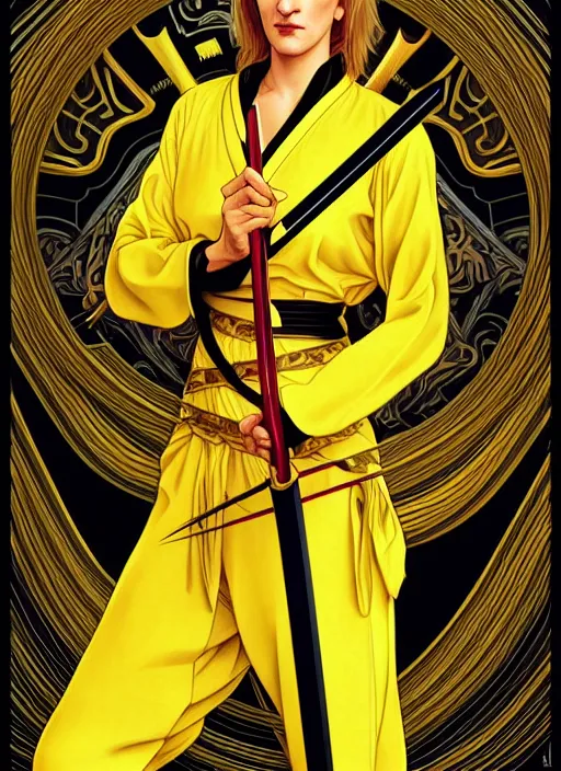 Prompt: uma thurman in kill bill, majestic sword warrior, rococo and art nouveau fusion, swinging reflective katana, yellow jumpsuit with black stripe, highly detailed, deep focus, elegant, digital painting, smooth, sharp focus, illustration, ultra realistic, japanese art by artgerm and alphonse mucha