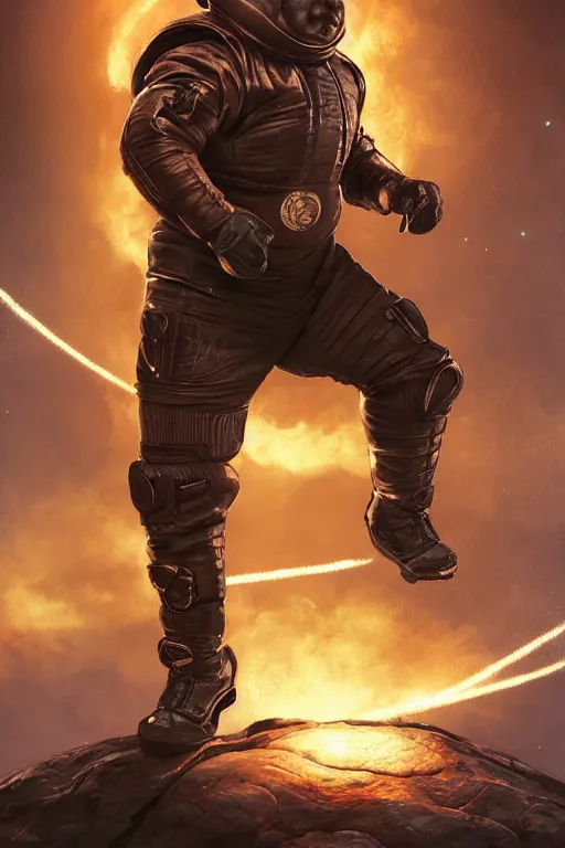 Prompt: portrait of a black man as baron harkonnen wearing leather spacesuit, standing on rocky outcrop and firing a retro laser pistol, detailed, nebula space background, illustration by normal rockwell, artstation character art, adebanji alade, concept art, greg rutkowski, artgerm