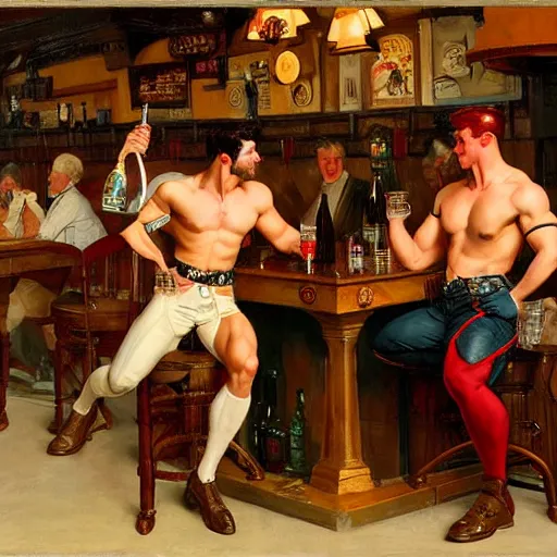 Image similar to drinking their hearts out, in a pub. attractive muscular male with red hair and attractive muscular male with black hair. pants, very defined painting by j. c. leyendecker, gaston bussiere, craig mullins 8 k