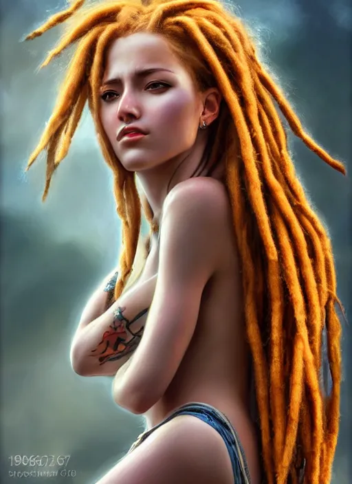 Image similar to photograph of gorgeous woman with half white half red dreadlocks in the style of stefan kostic, realistic, half body shot, sharp focus, 8 k high definition, insanely detailed, intricate, elegant, art by stanley lau and artgerm, foggy backgeound