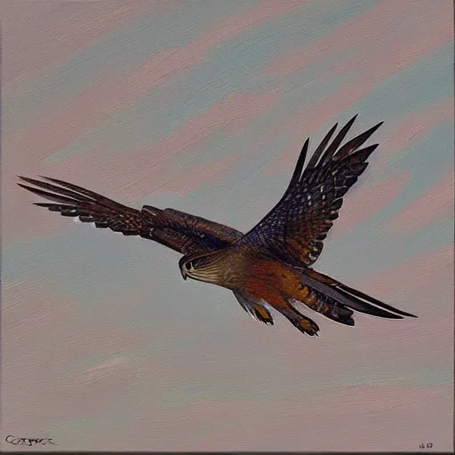 Prompt: “a cooper’s hawk soaring above a quiet street, top down view, oil painting, brush strokes, detailed”