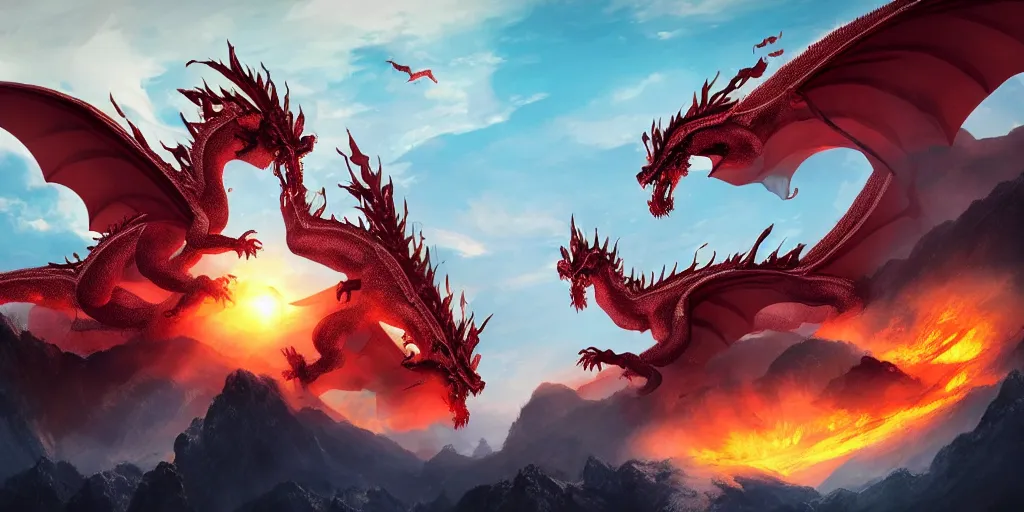 Image similar to two giant chinese dragons flying across the mountains fighting to the death, trending on artstation, digital art, fog, sun flare, fire, blood, rain, cut, bleeding, firebreathing, death