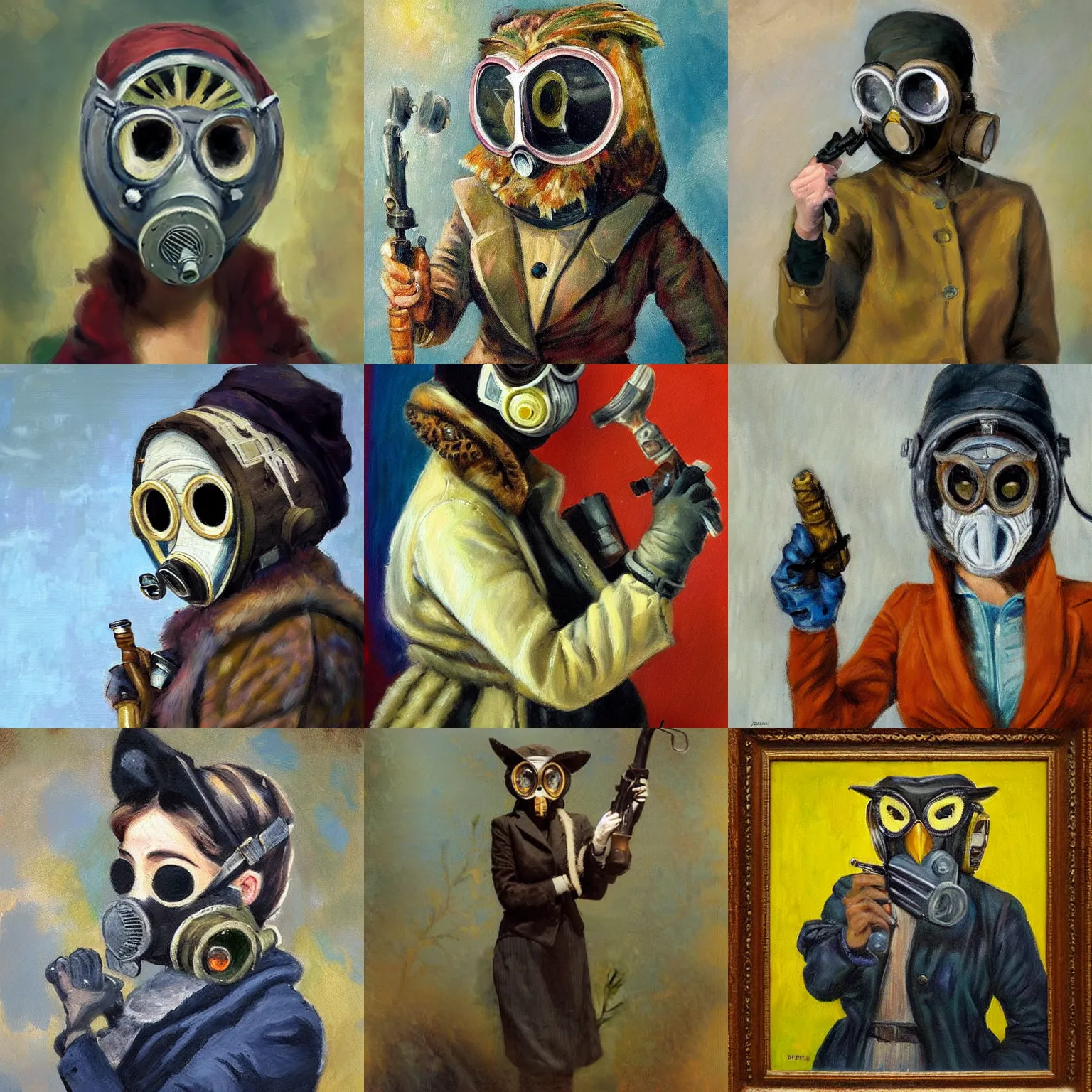 Prompt: an hd impressionist portrait painting of a woman in an owl mask fitted with a gas mask. she is wearing a jacket, and is brandishing a weapon in a threatening manner.