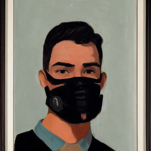 Prompt: portrait of young man wearing black medical mask, style of coby whitmore - n 9