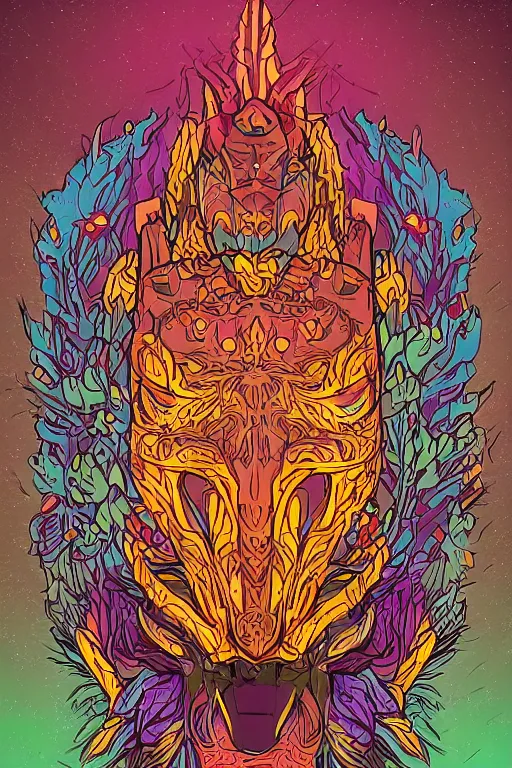 Image similar to animal mask totem roots flower tribal feather gemstone plant wood rock shaman vodoo video game vector cutout illustration vivid multicolor borderlands comics by josan gonzales and dan mumford radiating a glowing aura