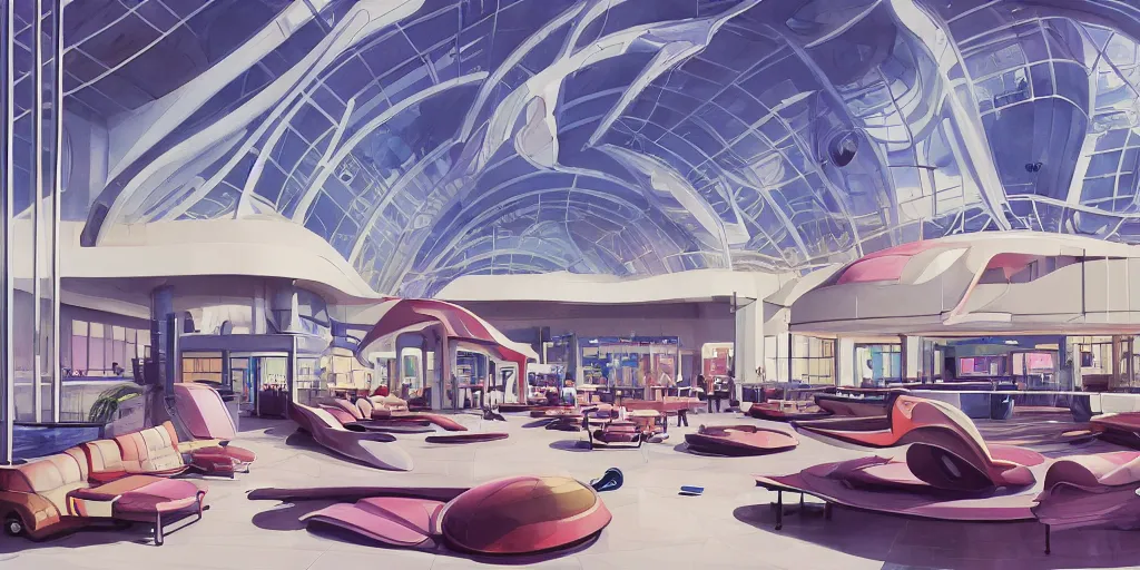 Prompt: a beautiful illustration of futuristic mall, lots of furniture, sofa, waiting room, big medium small, sacred geometry, golden ratio, in watercolor gouache detailed paintings, in style of syd mead, trending on artstation, 8 k, panel, hard surface, wallpaper, zaha hadid, scattered props, plant, cozy, decoration, simon stalenhag, wes anderson