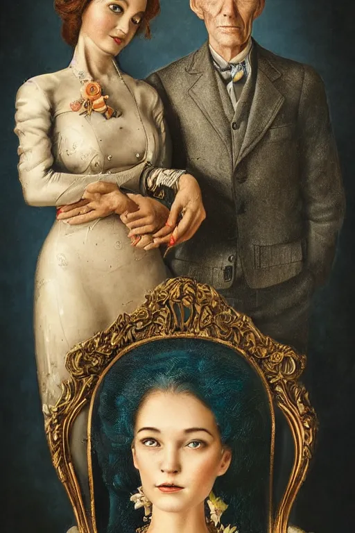 Image similar to a beautiful ultradetailed vintage couples portrait photo of old cyborg standing next to a cyborg sitting on a chair, by tom bagshaw and anna dittman, couples portrait, vignette, 35mm lens, golden ratio composition, detailed faces, studio photography, very detailed, humanoids, artstation, 8k, highly coherent