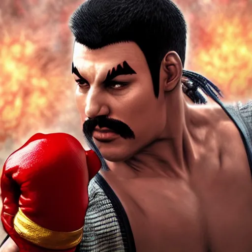 Prompt: freddy mercury as ryu street fighter, uppercut, ultra realistic, concept art, intricate details, highly detailed, photorealistic, octane render, 8 k, unreal engine, art by frank frazetta, simon bisley, brom