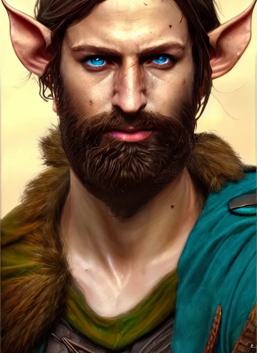 Prompt: A striking epic hyper real comic book style portait painting of an arrogant half-elf ranger, teal tunic, teal headband, shaggy brown hair, scruffy beard, scar on face, D&D Concept Art, unreal 5, DAZ, Apex legends concept art, hyperrealistic, octane render, cosplay, RPG portrait, dynamic lighting